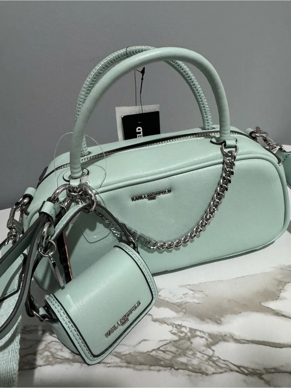 Karl Lagerfeld Mint Green Leather Barrel Crossbody with Chain